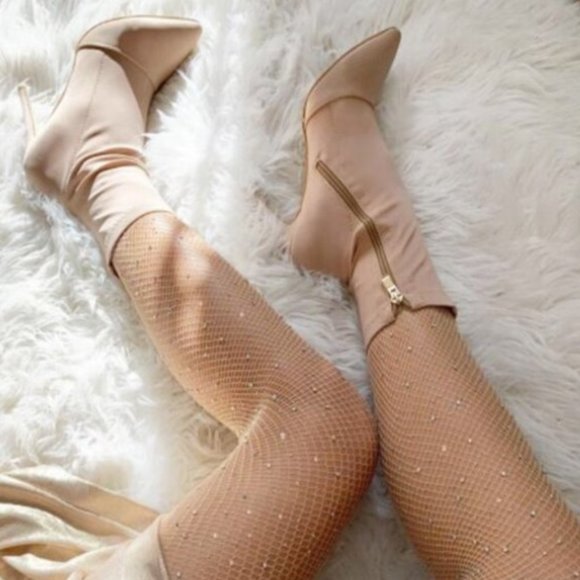 Nude Rhinestone Mesh Fishnet Tights Pantyhose - Picture 3 of 6